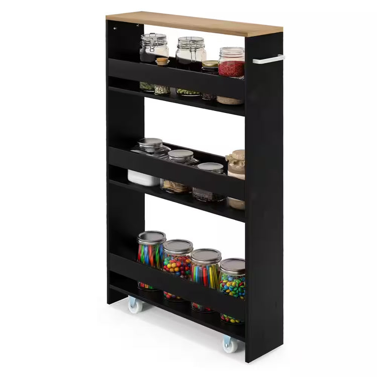 Black Particle Board 19 In. Rolling Kitchen Sideboard Slim Storage Cart Mobile Shelving Organizer with Handle