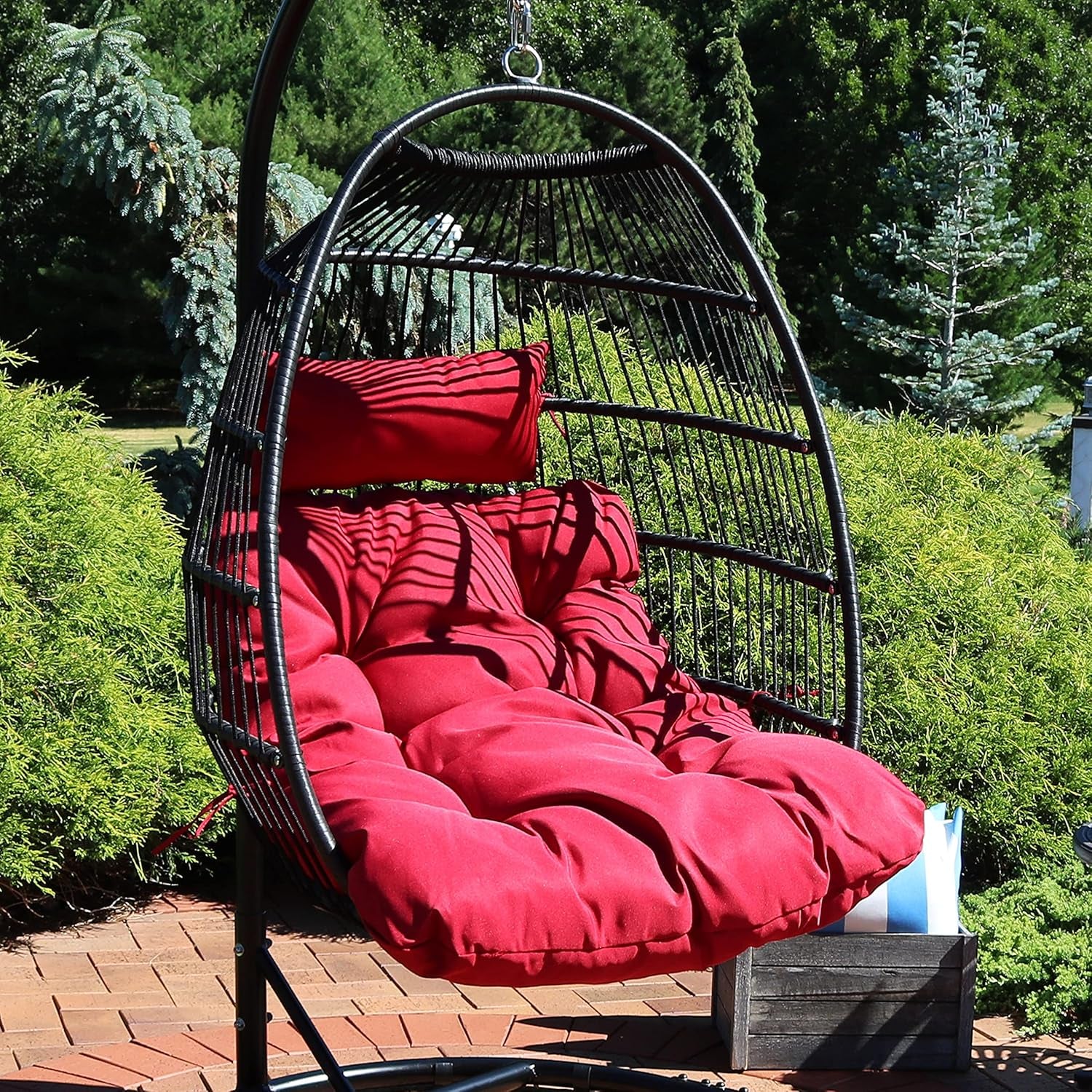 Julia Hanging Egg Chair - Black Polyethylene Wicker Frame with Red Polyester Cushions - 44 Inches Tall