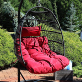 Julia Hanging Egg Chair - Black Polyethylene Wicker Frame with Red Polyester Cushions - 44 Inches Tall