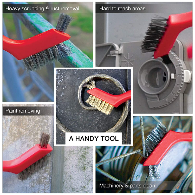 Wire Brush Set 3Pcs - Nylon/Brass/Stainless Steel Bristles with Curved Handle Grip for Rust, Dirt & Paint Scrubbing with Deep Cleaning – 7 Inches (Red)