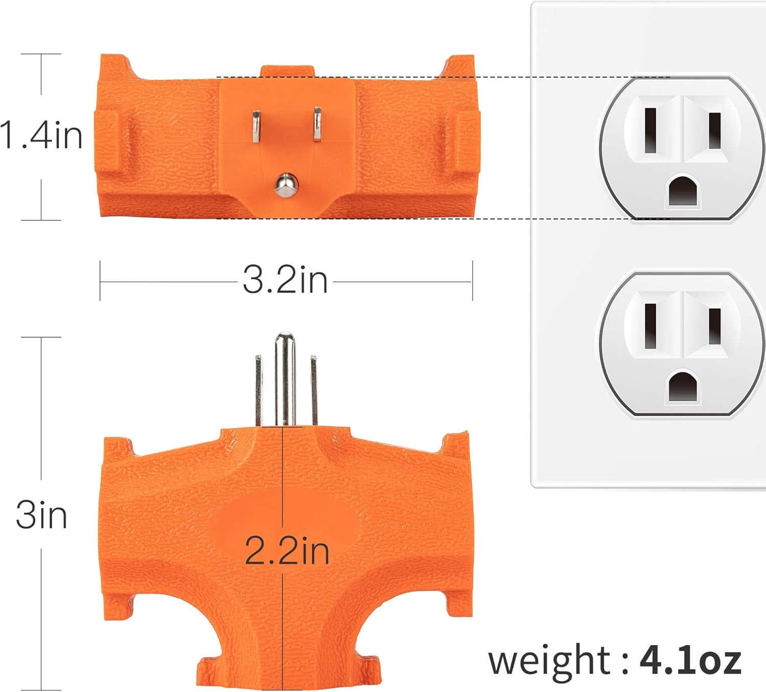 ETL Listed 3-Outlet Grounding Adapter, Heavy Duty 3-Prong Power Extender, Wall Socket Grounded Power Tap, 392℉ Fire-Retardant Material for Industrial Household Appliances, Orange, 2 Pack