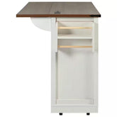 White Wood Kitchen Cart with Drop Leaf, Power Outlet, 2-Sliding Barn Doors, Towel Rack, Spice Rack, 3-Drawers