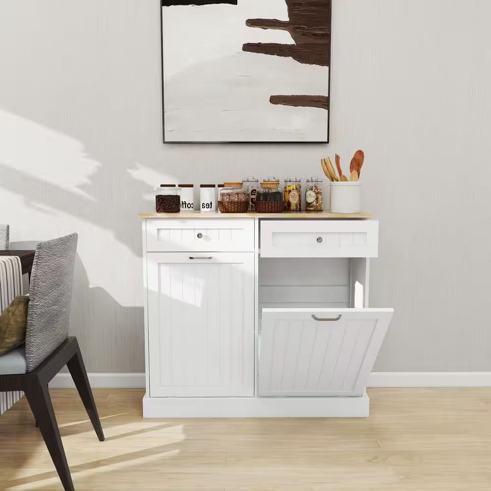 2-Drawers and 2-Compartment Tilt-Out Trash Cabinet Kitchen Trash Cabinet in White