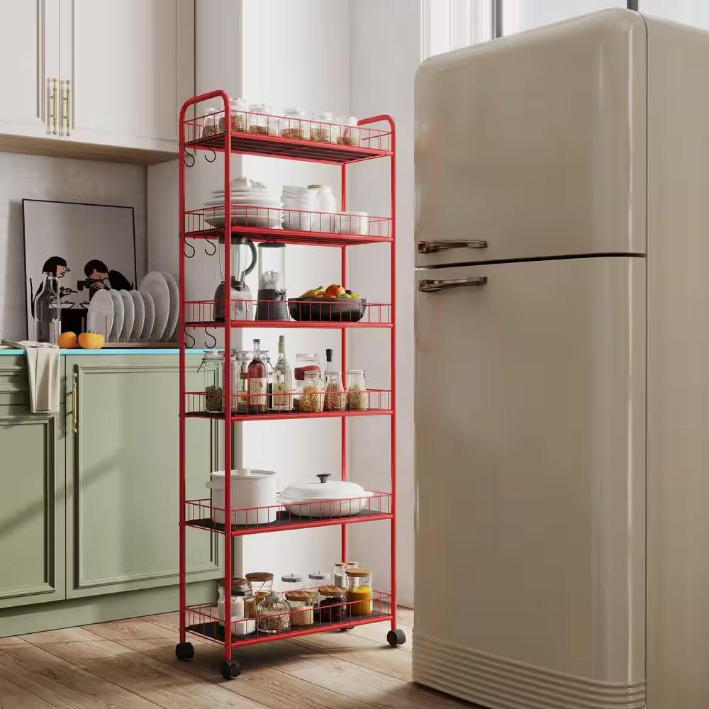 Red 6 Tier Storage Cart, Mobile Shelving Unit with Wheels, Metal Wire Storage Shelving Rack with Baskets for Kitchen