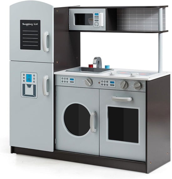 Kids Kitchen Playset, Wooden Little Chef Pretend Toy Kitchen Set W/Sounds, Sink, Stove, Microwave, Storage Cabinet, Shop List, Play Kitchen for Toddlers, Gift for Boys Girls 3+, Gray