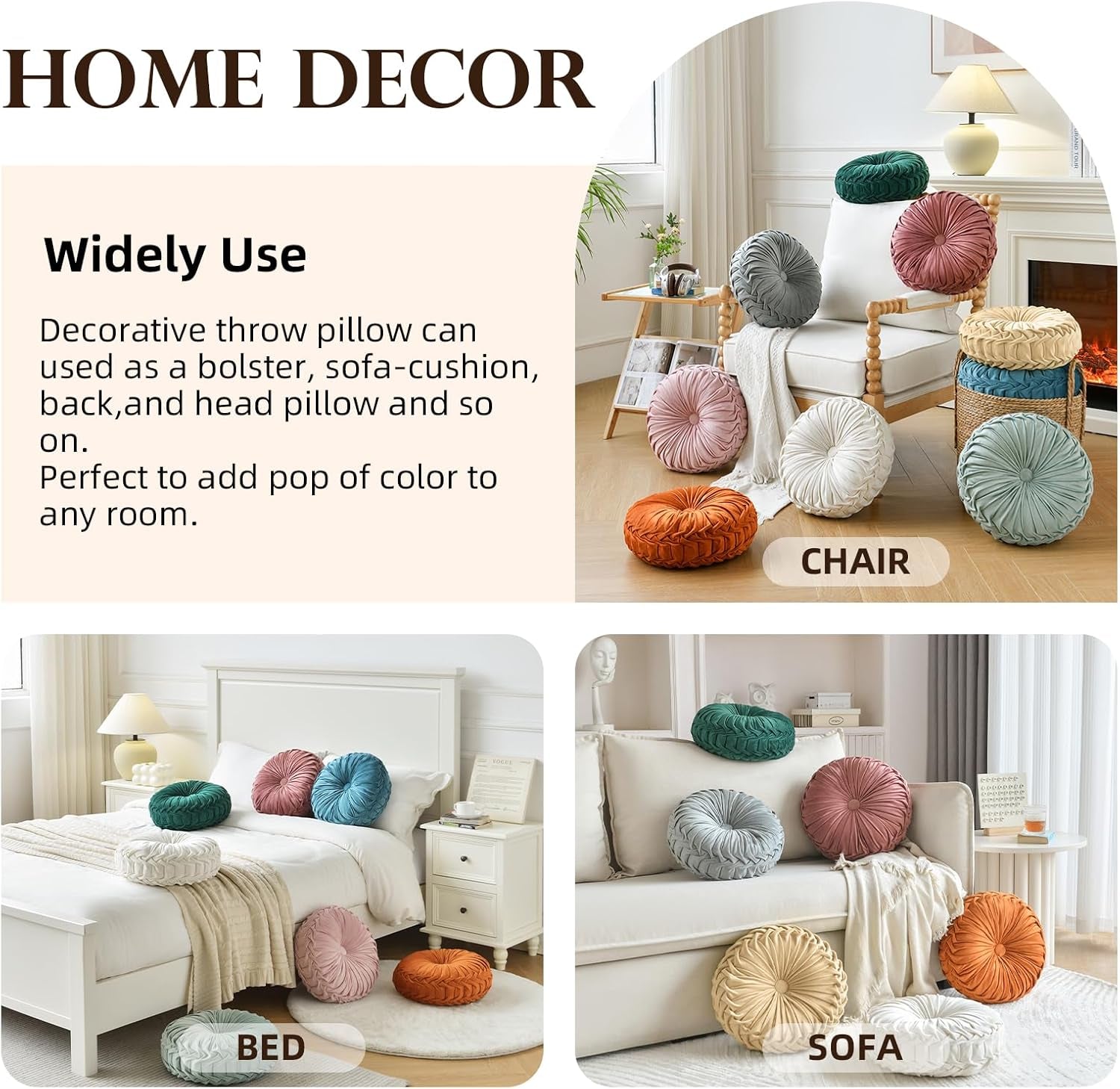 Round Throw Pillow Velvet Home Decoration Pleated round Pillow Cushion for Couch Chair Bed Car Orange