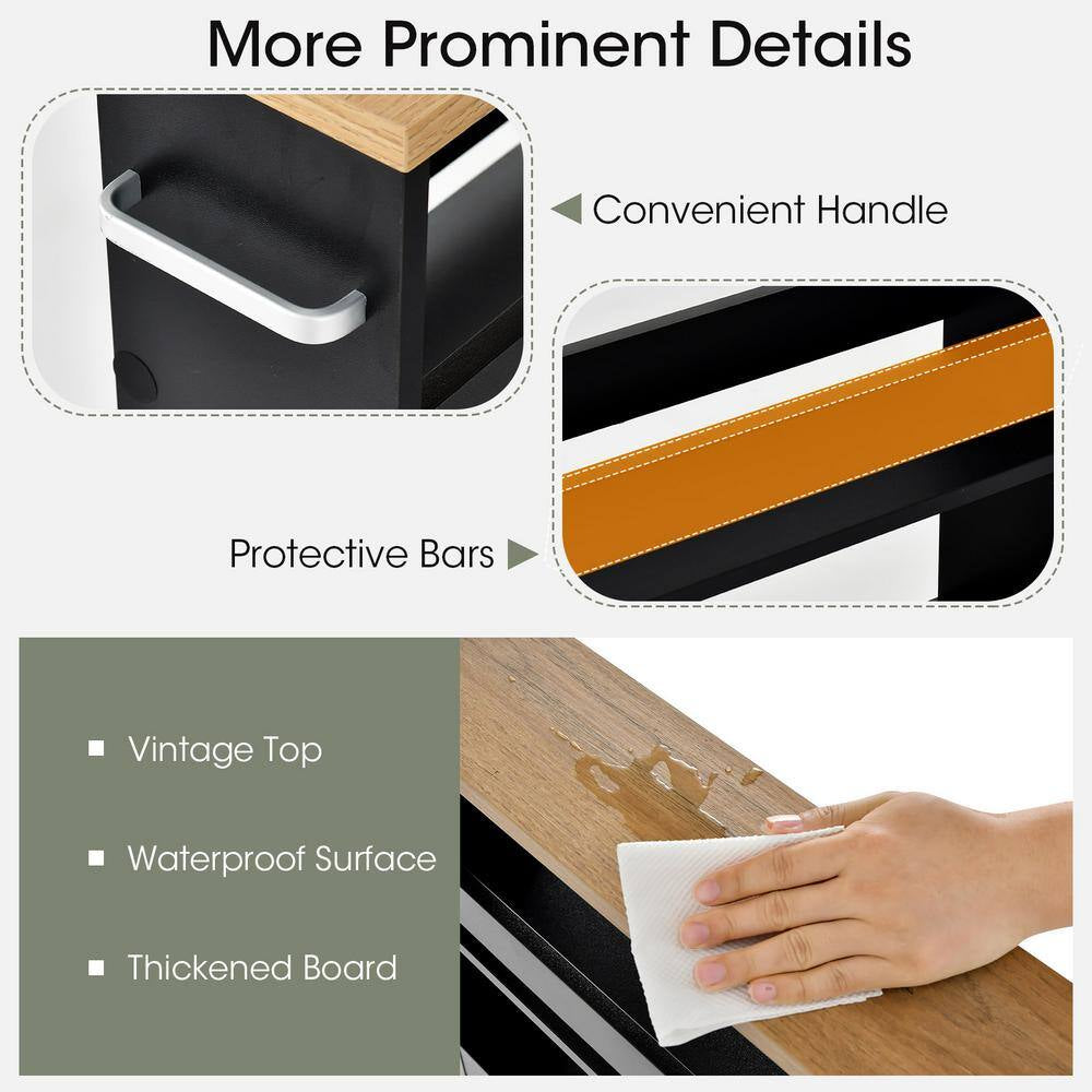 Black Particle Board 19 In. Rolling Kitchen Sideboard Slim Storage Cart Mobile Shelving Organizer with Handle