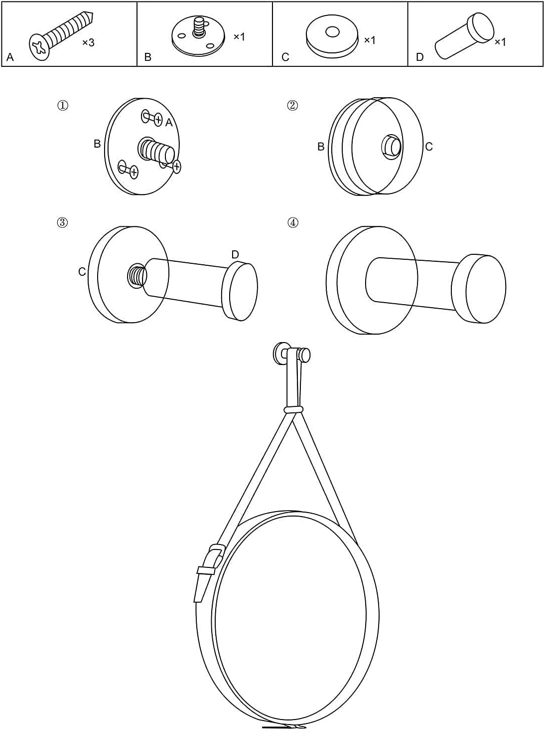 round Wall Mirror Decorative Mirror, Hanging Mirror with Hanging Strap Silver Hardware Hooker/Hanger (Black, 20&