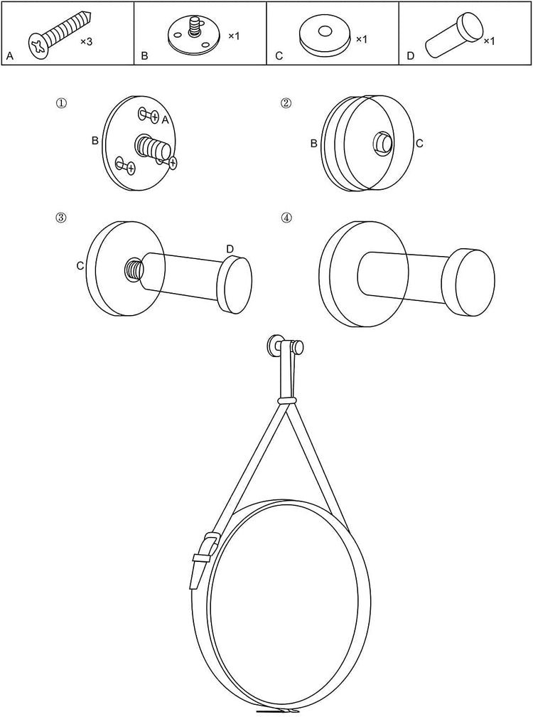 round Wall Mirror Decorative Mirror, Hanging Mirror with Hanging Strap Silver Hardware Hooker/Hanger (Black, 20&