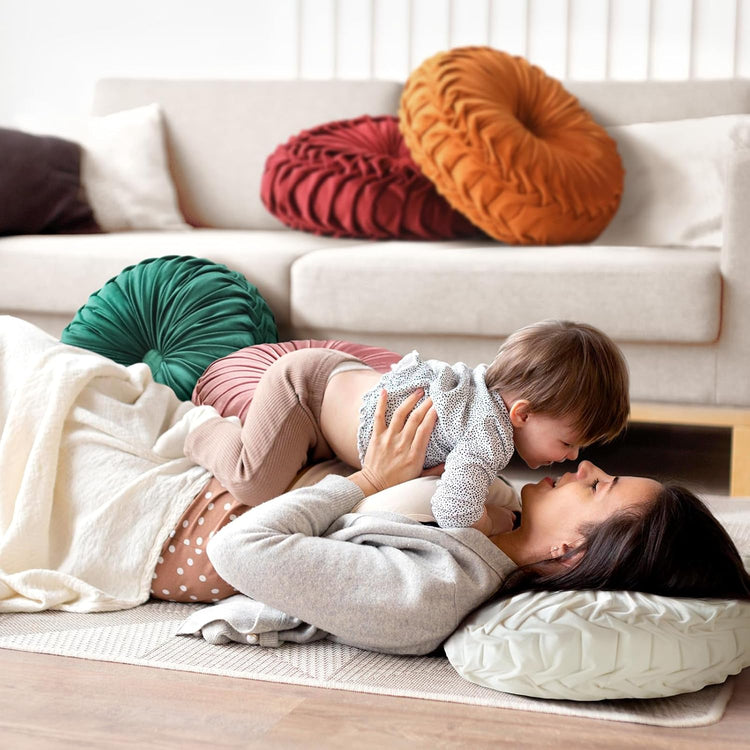 Round Throw Pillow Velvet Home Decoration Pleated round Pillow Cushion for Couch Chair Bed Car Orange