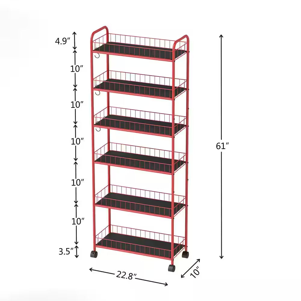 Red 6 Tier Storage Cart, Mobile Shelving Unit with Wheels, Metal Wire Storage Shelving Rack with Baskets for Kitchen
