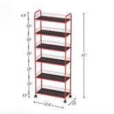 Red 6 Tier Storage Cart, Mobile Shelving Unit with Wheels, Metal Wire Storage Shelving Rack with Baskets for Kitchen