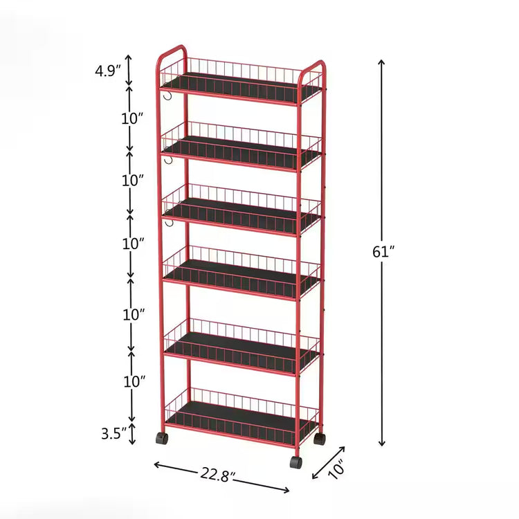 Red 6 Tier Storage Cart, Mobile Shelving Unit with Wheels, Metal Wire Storage Shelving Rack with Baskets for Kitchen