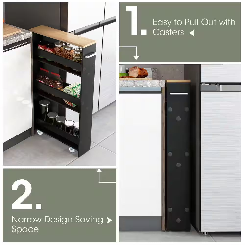 Black Particle Board 19 In. Rolling Kitchen Sideboard Slim Storage Cart Mobile Shelving Organizer with Handle