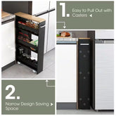 Black Particle Board 19 In. Rolling Kitchen Sideboard Slim Storage Cart Mobile Shelving Organizer with Handle