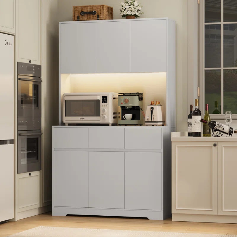 Aybike 71" Tall Kitchen Pantry Cabinet with Charge Station & LED Light, Freestanding Food Pantry with 4 Cabinets, 3 Drawers & Microwave Shelf, Kitchen Hutch Storage, Adjustable Shelves