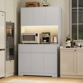 Aybike 71" Tall Kitchen Pantry Cabinet with Charge Station & LED Light, Freestanding Food Pantry with 4 Cabinets, 3 Drawers & Microwave Shelf, Kitchen Hutch Storage, Adjustable Shelves