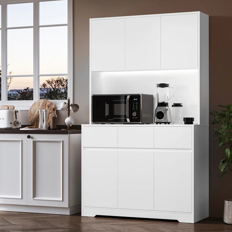 Aybike 71" Tall Kitchen Pantry Cabinet with Charge Station & LED Light, Freestanding Food Pantry with 4 Cabinets, 3 Drawers & Microwave Shelf, Kitchen Hutch Storage, Adjustable Shelves