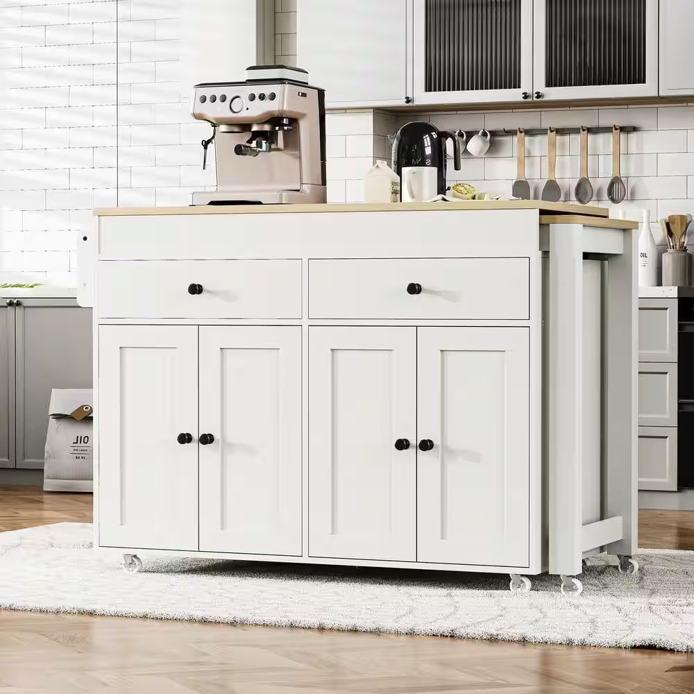 White Wood 74.5 In. Kitchen Island with Extendable Dining Table, Kitchen Cart with 4 Door Cabinet, Spice Rack, 2 Drawers
