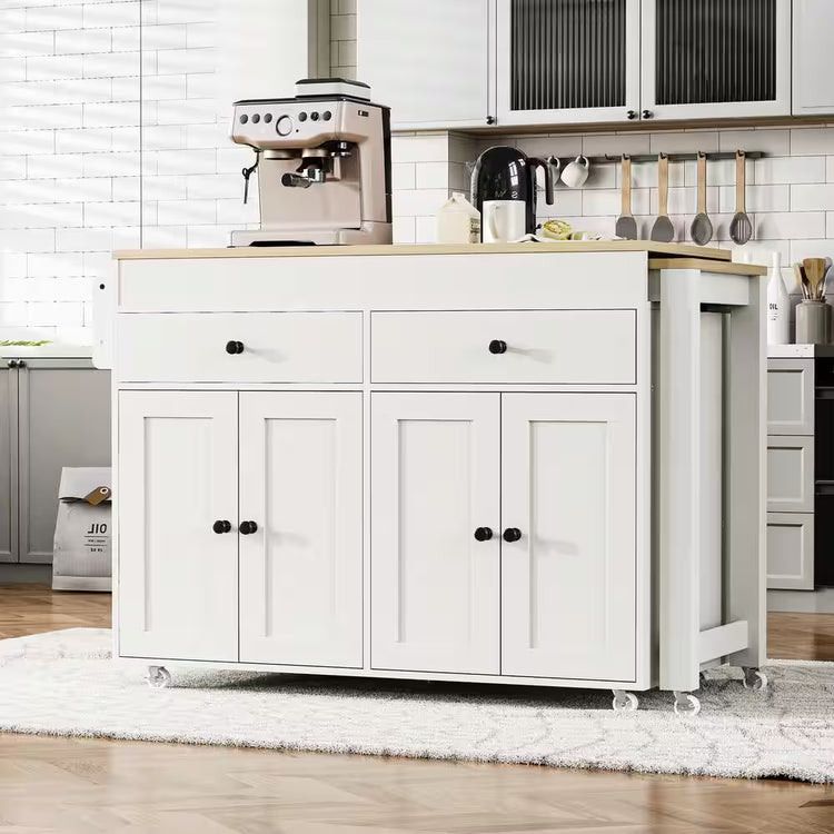 White Wood 74.5 In. Kitchen Island with Extendable Dining Table, Kitchen Cart with 4 Door Cabinet, Spice Rack, 2 Drawers