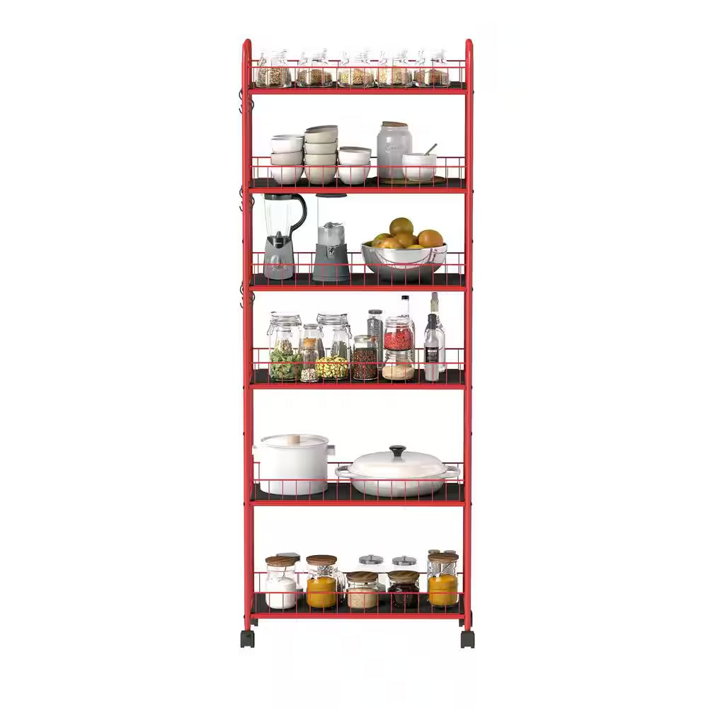 Red 6 Tier Storage Cart, Mobile Shelving Unit with Wheels, Metal Wire Storage Shelving Rack with Baskets for Kitchen
