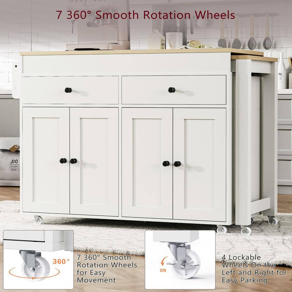 White Wood 74.5 In. Kitchen Island with Extendable Dining Table, Kitchen Cart with 4 Door Cabinet, Spice Rack, 2 Drawers