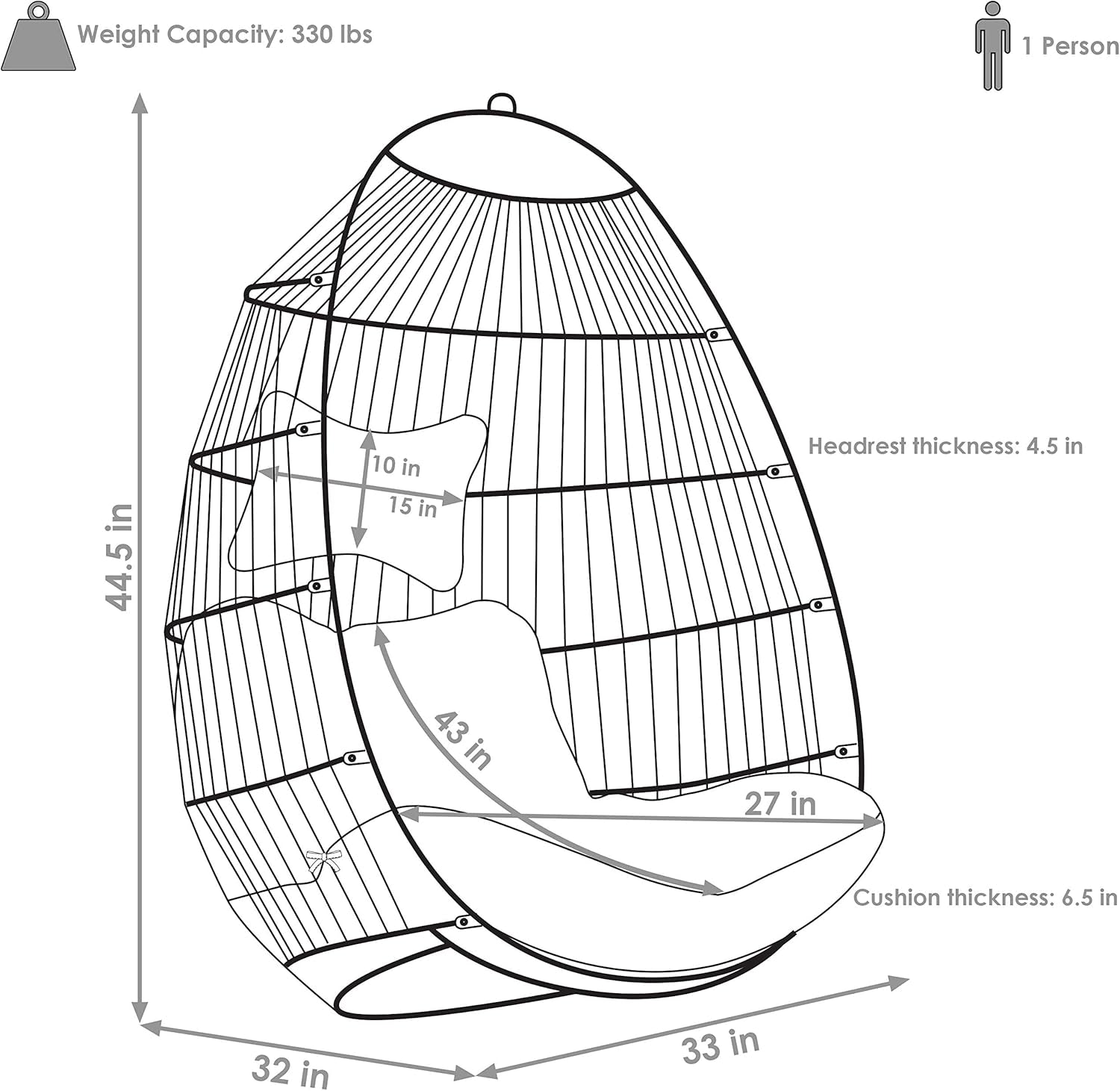 Julia Hanging Egg Chair - Black Polyethylene Wicker Frame with Red Polyester Cushions - 44 Inches Tall