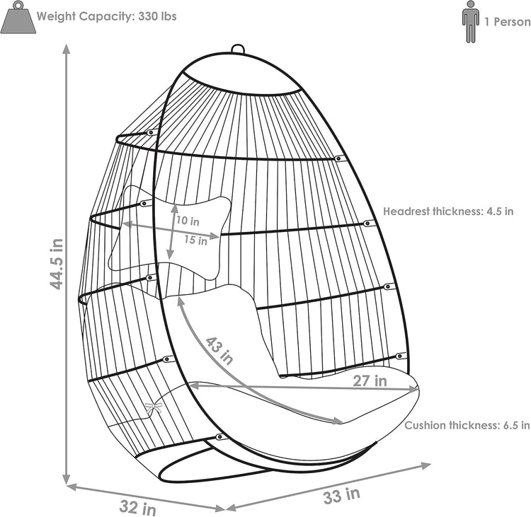 Julia Hanging Egg Chair - Black Polyethylene Wicker Frame with Red Polyester Cushions - 44 Inches Tall