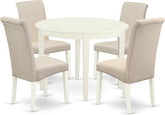 BOBA5-WHI-01 5 Piece Modern Dining Table Set Includes a round Kitchen Table and 4 Cream Linen Fabric Parsons Dining Chairs, 42X42 Inch, Linen White