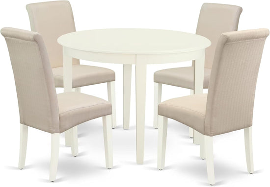 BOBA5-WHI-01 5 Piece Modern Dining Table Set Includes a round Kitchen Table and 4 Cream Linen Fabric Parsons Dining Chairs, 42X42 Inch, Linen White