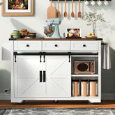 White Wood Kitchen Cart with Drop Leaf, Power Outlet, 2-Sliding Barn Doors, Towel Rack, Spice Rack, 3-Drawers