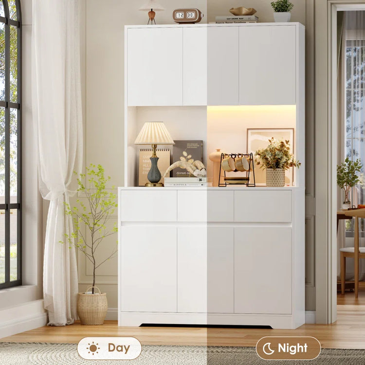 Aybike 71" Tall Kitchen Pantry Cabinet with Charge Station & LED Light, Freestanding Food Pantry with 4 Cabinets, 3 Drawers & Microwave Shelf, Kitchen Hutch Storage, Adjustable Shelves