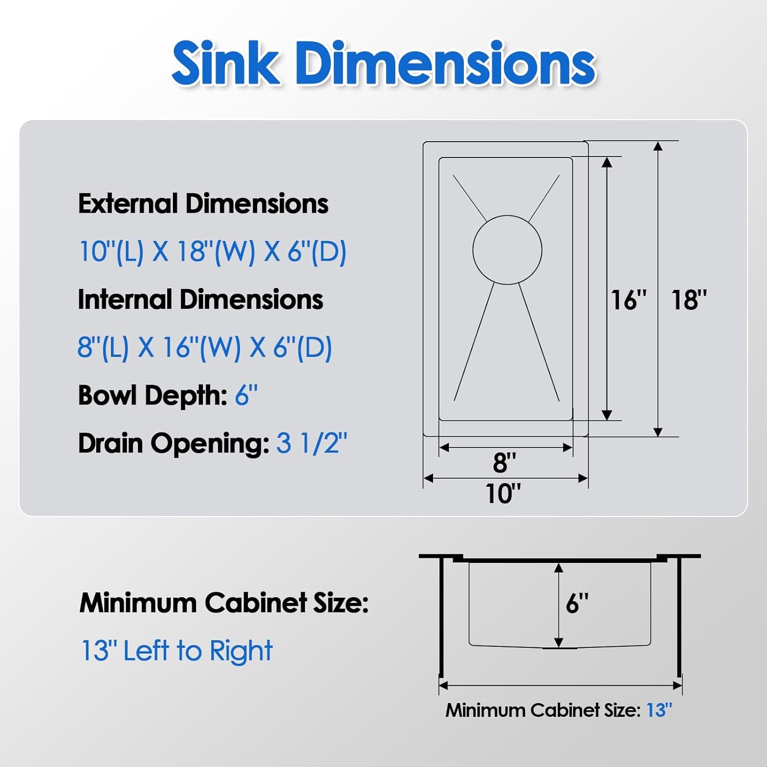 10"X18"X6" Bar Sink Undermount, Small Kitchen Sink Single Bowl 304 Stainlesss Steel, Wet Bar Prep Sink with Drain Assembly, Brushed