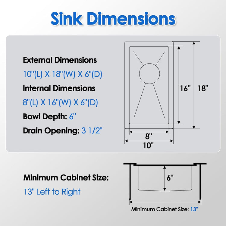 10"X18"X6" Bar Sink Undermount, Small Kitchen Sink Single Bowl 304 Stainlesss Steel, Wet Bar Prep Sink with Drain Assembly, Brushed