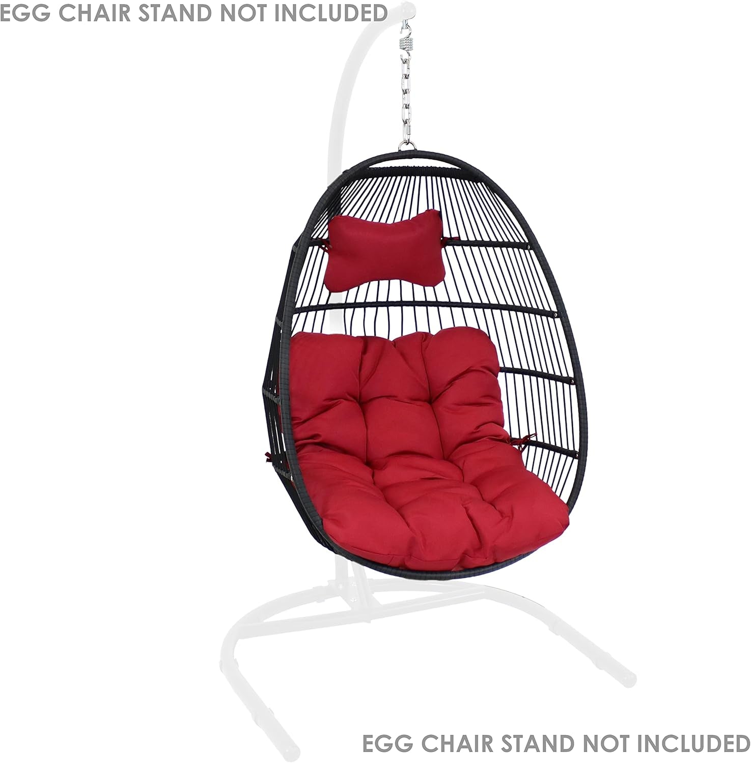 Julia Hanging Egg Chair - Black Polyethylene Wicker Frame with Red Polyester Cushions - 44 Inches Tall