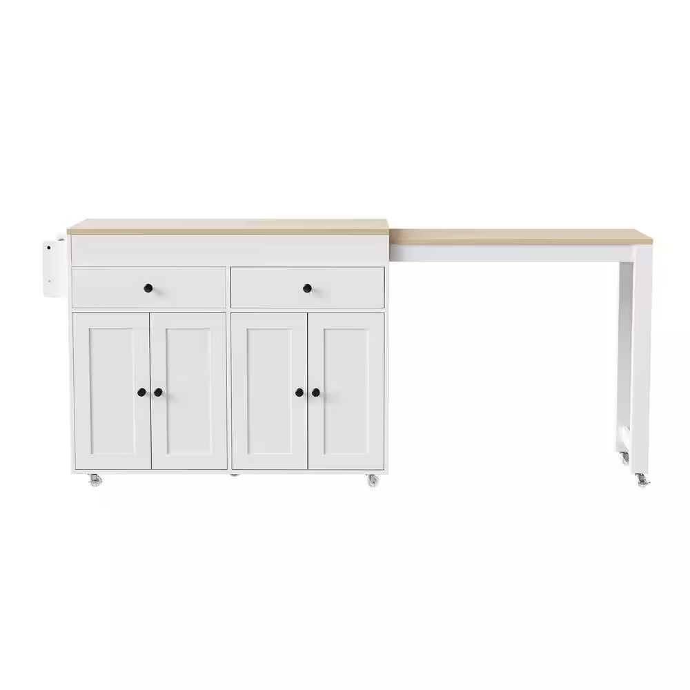 White Wood 74.5 In. Kitchen Island with Extendable Dining Table, Kitchen Cart with 4 Door Cabinet, Spice Rack, 2 Drawers