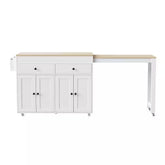 White Wood 74.5 In. Kitchen Island with Extendable Dining Table, Kitchen Cart with 4 Door Cabinet, Spice Rack, 2 Drawers