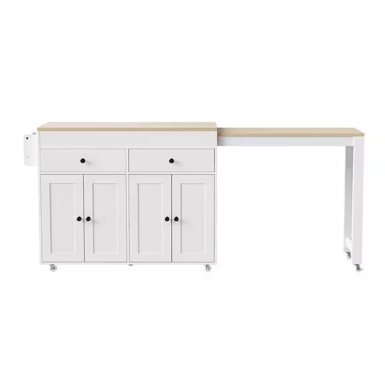 White Wood 74.5 In. Kitchen Island with Extendable Dining Table, Kitchen Cart with 4 Door Cabinet, Spice Rack, 2 Drawers