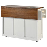 White Wood Kitchen Cart with Drop Leaf, Power Outlet, 2-Sliding Barn Doors, Towel Rack, Spice Rack, 3-Drawers