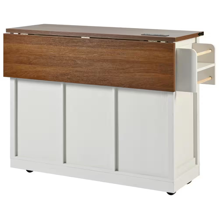 White Wood Kitchen Cart with Drop Leaf, Power Outlet, 2-Sliding Barn Doors, Towel Rack, Spice Rack, 3-Drawers