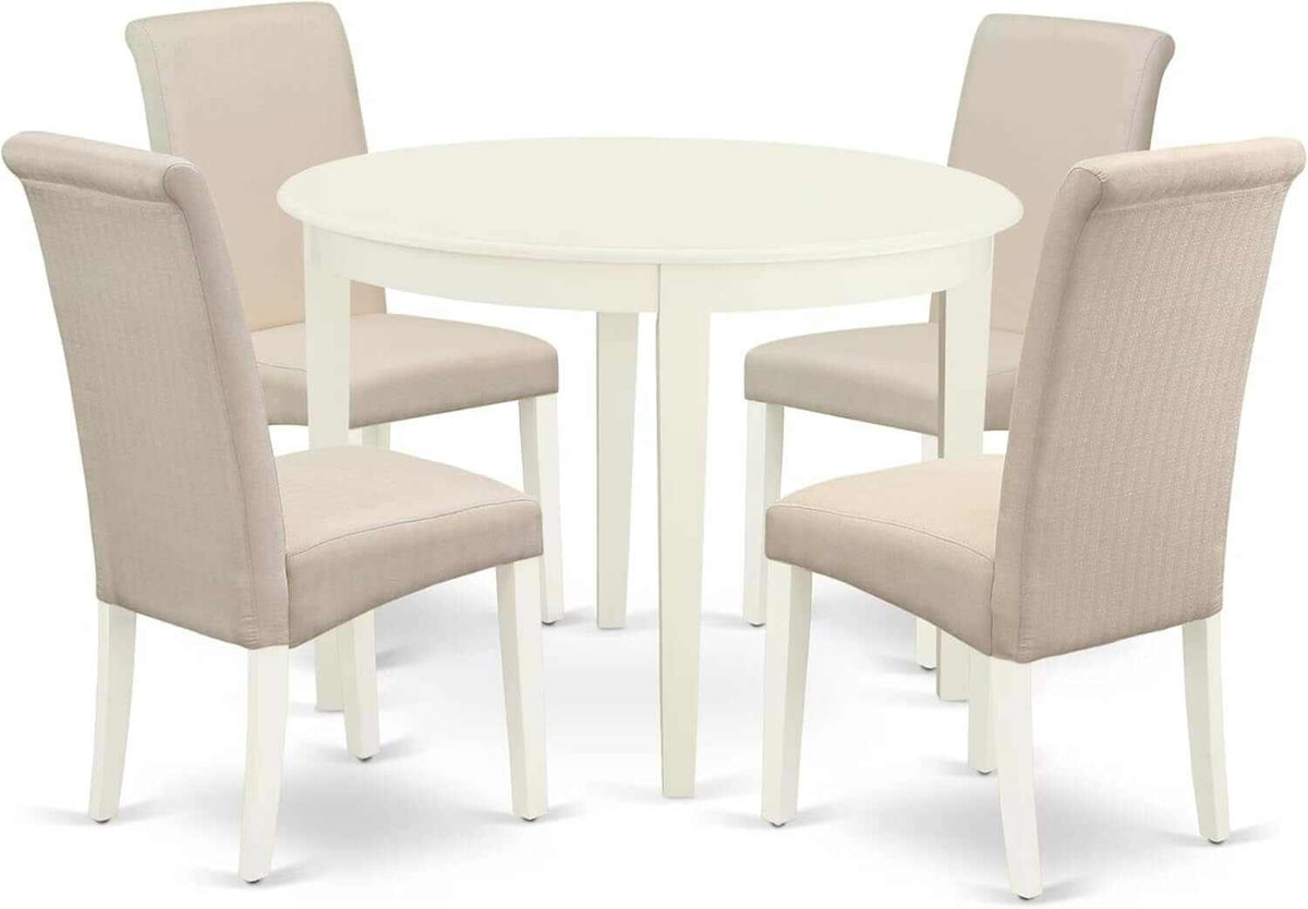 BOBA5-WHI-01 5 Piece Modern Dining Table Set Includes a round Kitchen Table and 4 Cream Linen Fabric Parsons Dining Chairs, 42X42 Inch, Linen White