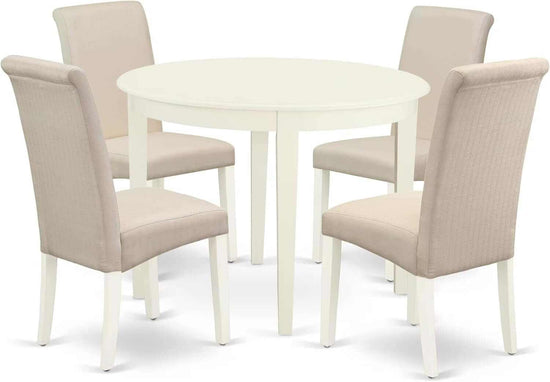BOBA5-WHI-01 5 Piece Modern Dining Table Set Includes a round Kitchen Table and 4 Cream Linen Fabric Parsons Dining Chairs, 42X42 Inch, Linen White